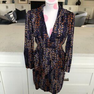 Reiss Esmerelda-Coco Moon Print Deep V Nk Mini Dress Navy Burnt Org Tan Sz 6 NWT